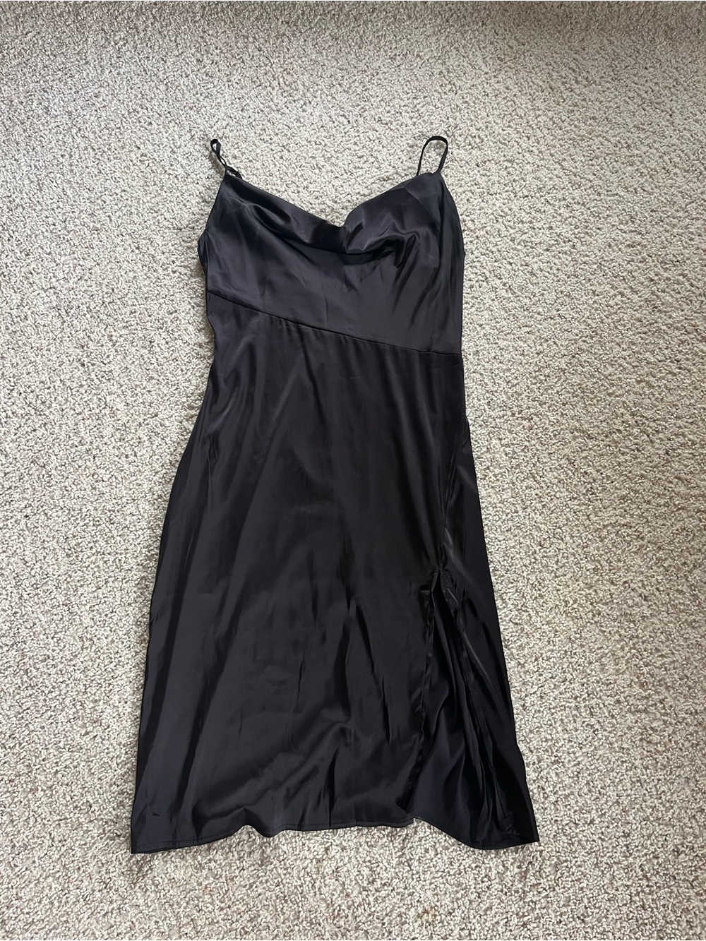 Satin Black Midi Slip Dress with Cowl Neck